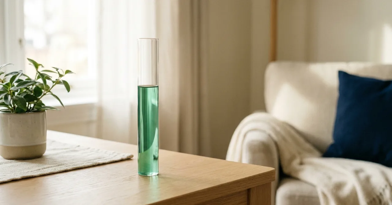 Un fin tube de verre dans lequel monte un liquide vert clair, posé sur une table en chêne près d'une plante, lumière du jour.
