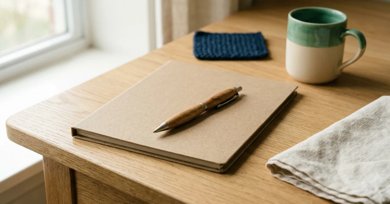 Un stylo posé sur un dossier en carton kraft fermé, sur un bureau en bois clair baigné de lumière naturelle.