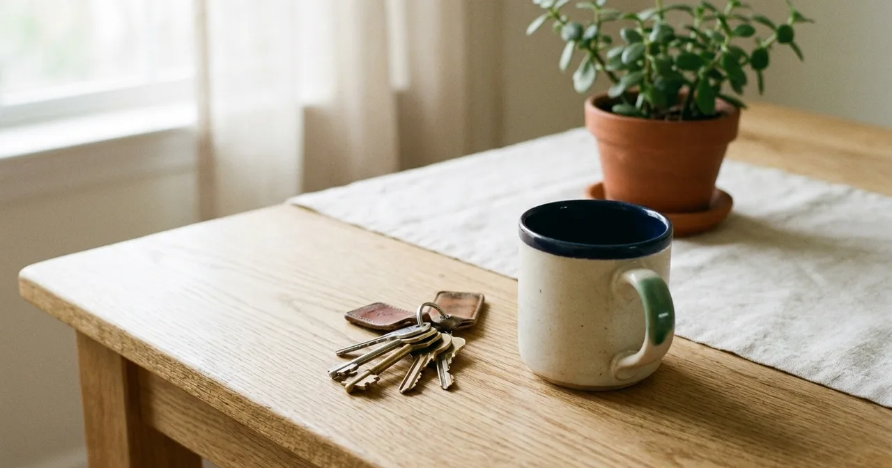 Un trousseau de clés de maison posé sur une table en chêne clair près d'une tasse, lumière douce du matin.