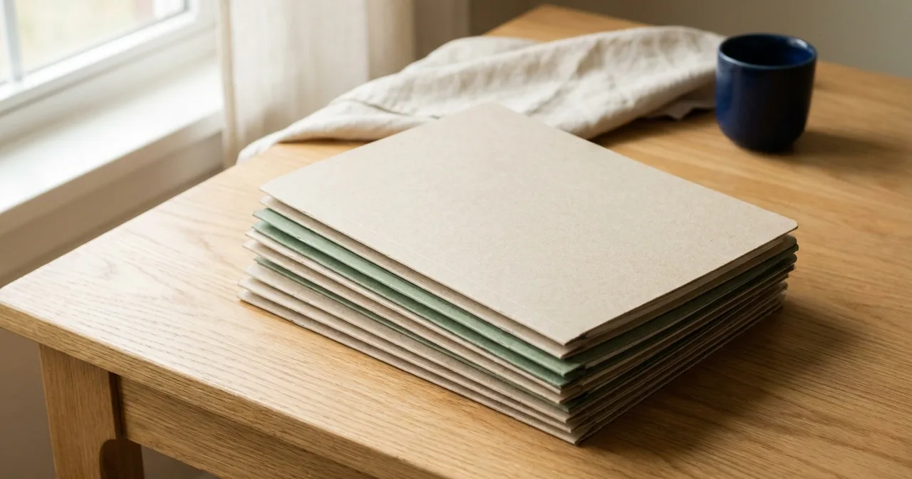 Pile de dossiers en carton beige et vert sur un bureau en chêne clair, lumière du jour.