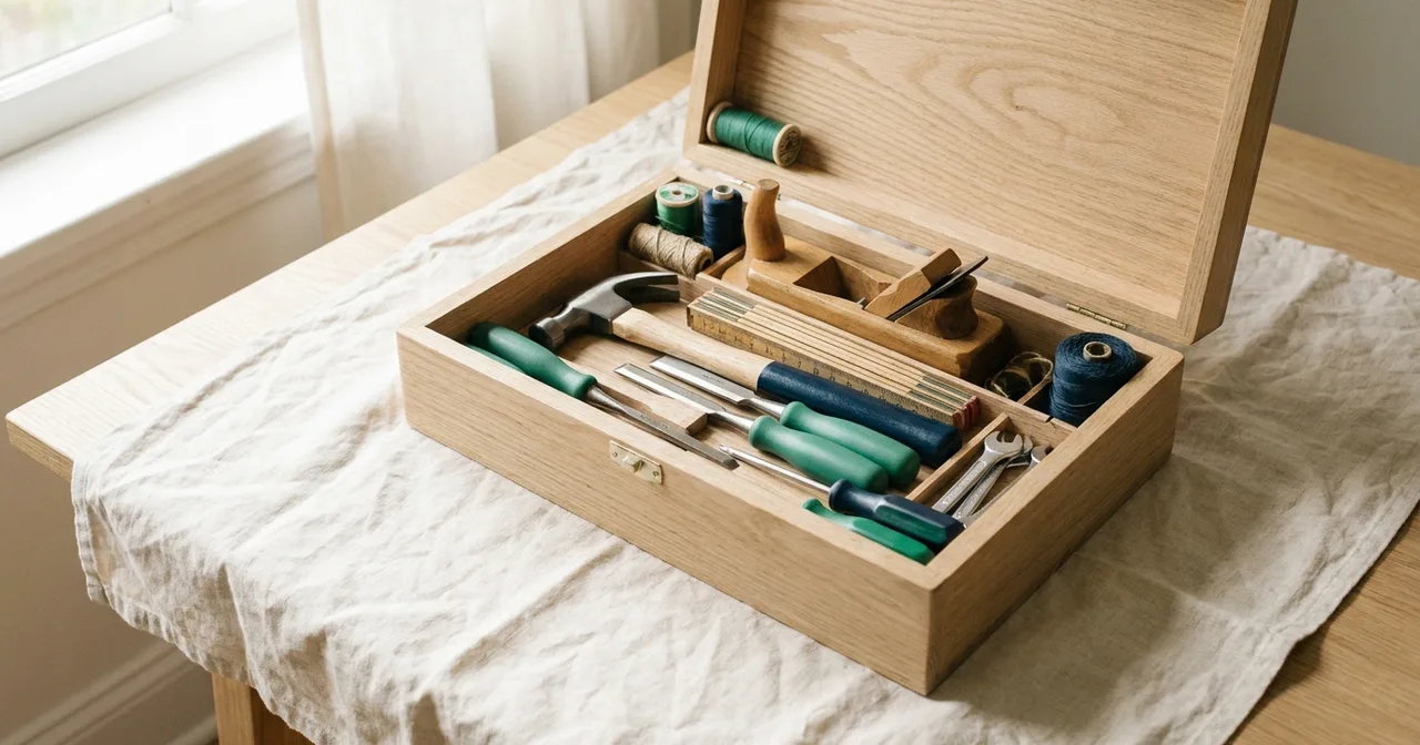 Boîte à outils en bois ancienne, ouverte, posée sur une nappe en lin crème.