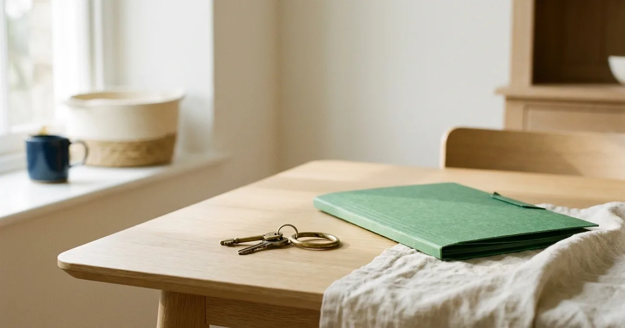 Trousseau de clés et chemise cartonnée verte posés sur une table en bois clair près d'une fenêtre.