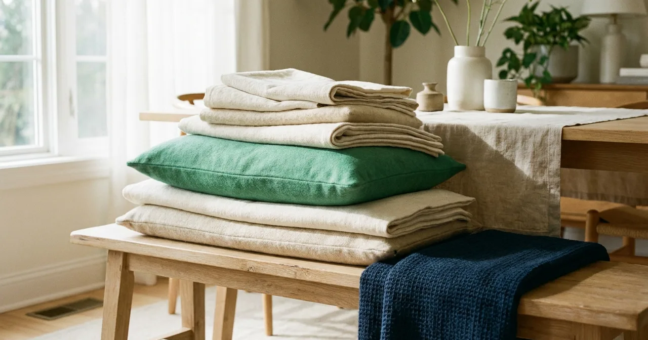 Pile de coussins de tissus clairs superposés sur un fond neutre.