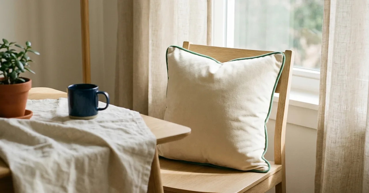 Coussin de velours clair posé sur un fauteuil, dans une lumière douce.