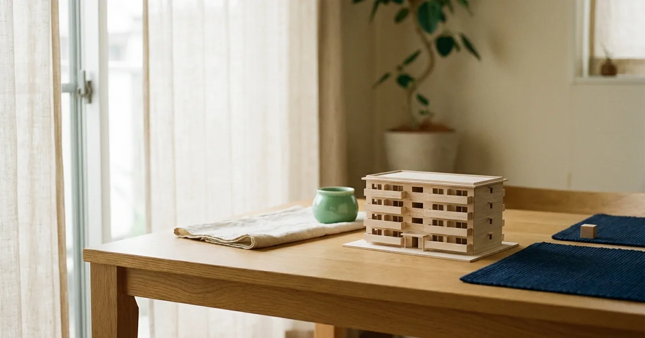 Petit immeuble en maquette de bois clair posé sur une table, lumière naturelle.