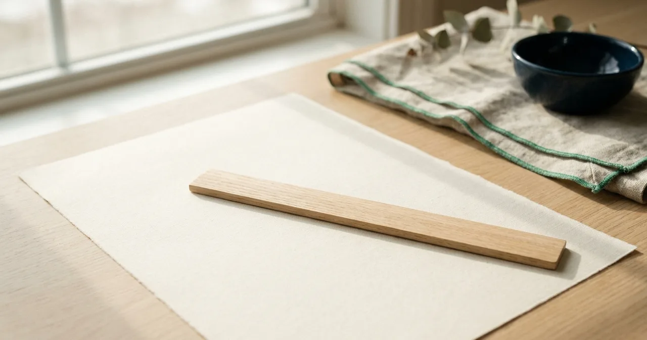 Règle graduée en bois posée à plat sur une feuille vierge.