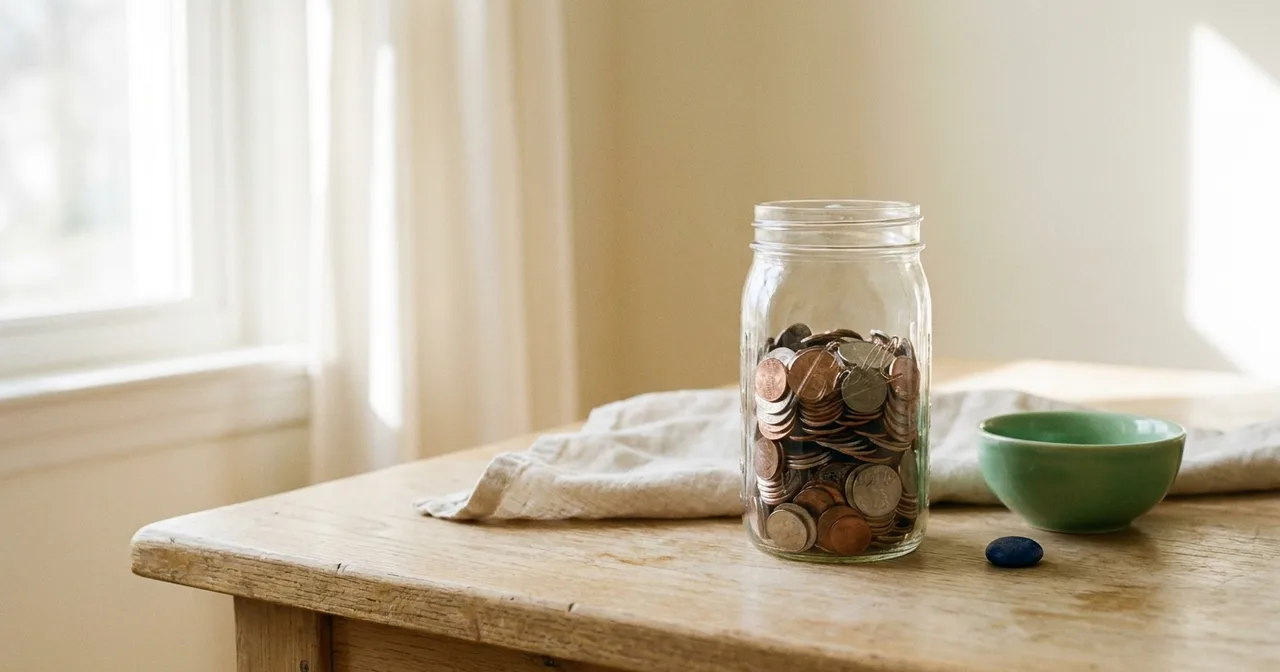 Bocal en verre rempli aux trois quarts de pièces de monnaie, sur un plan clair.