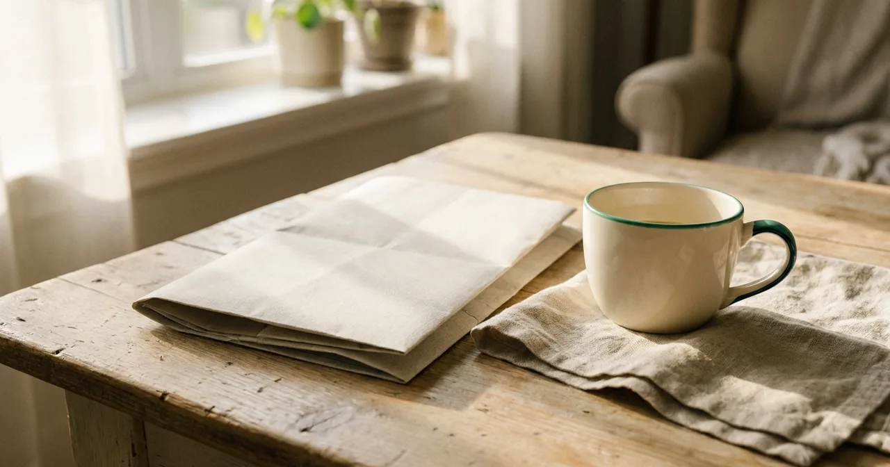 Carte routière pliée posée sur une table claire, à côté d'une tasse.