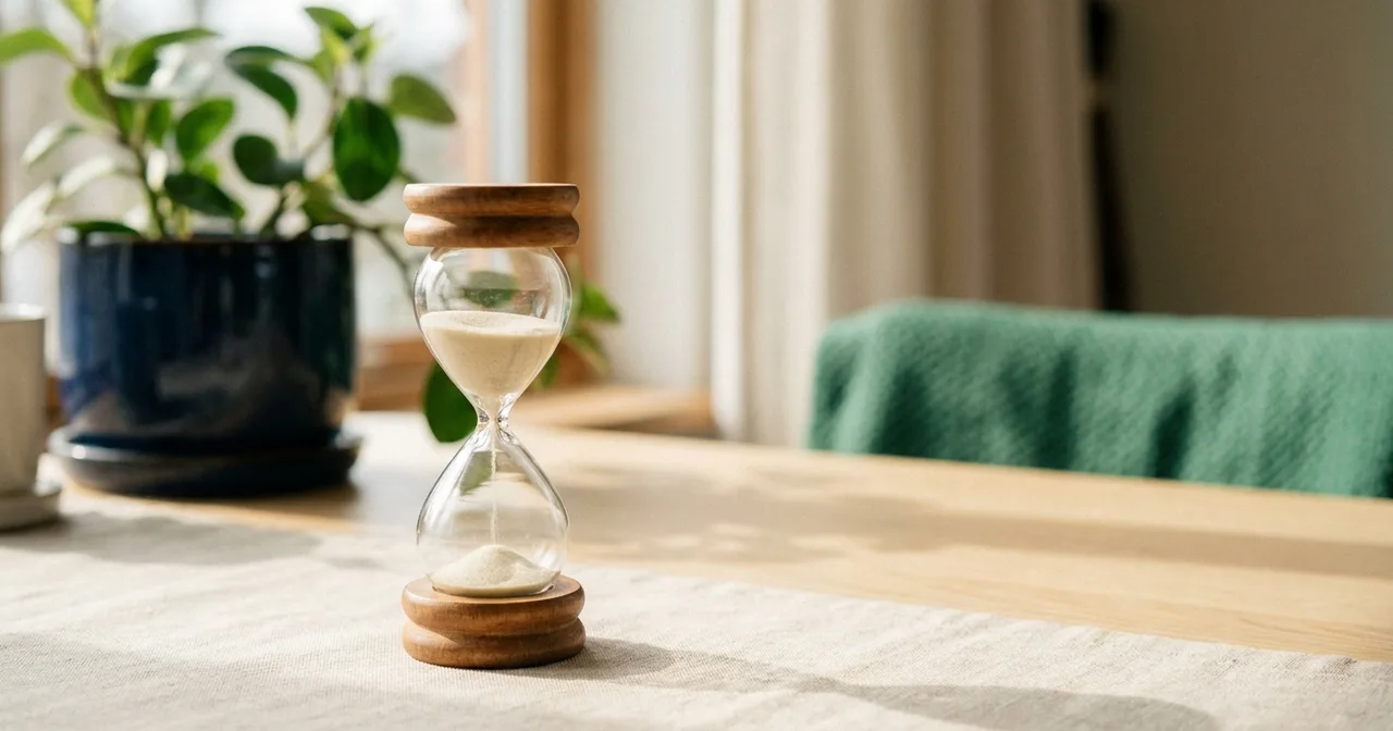 Un petit sablier en bois clair et verre posé sur une table en chêne, le sable s'écoulant lentement, une plante verte floue à l'arrière, lumière douce.
