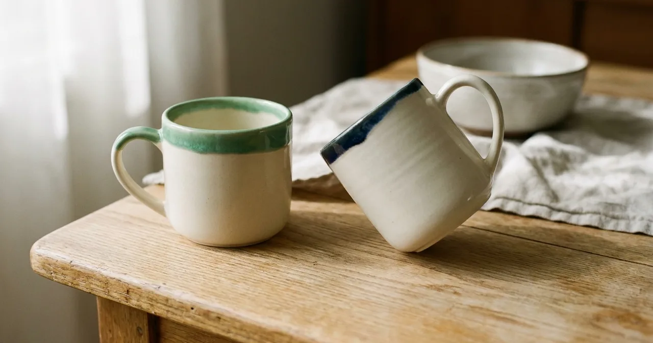 Deux tasses côte à côte sur une table en bois clair, l'une posée bien stable, l'autre en équilibre instable sur son bord, lumière naturelle.