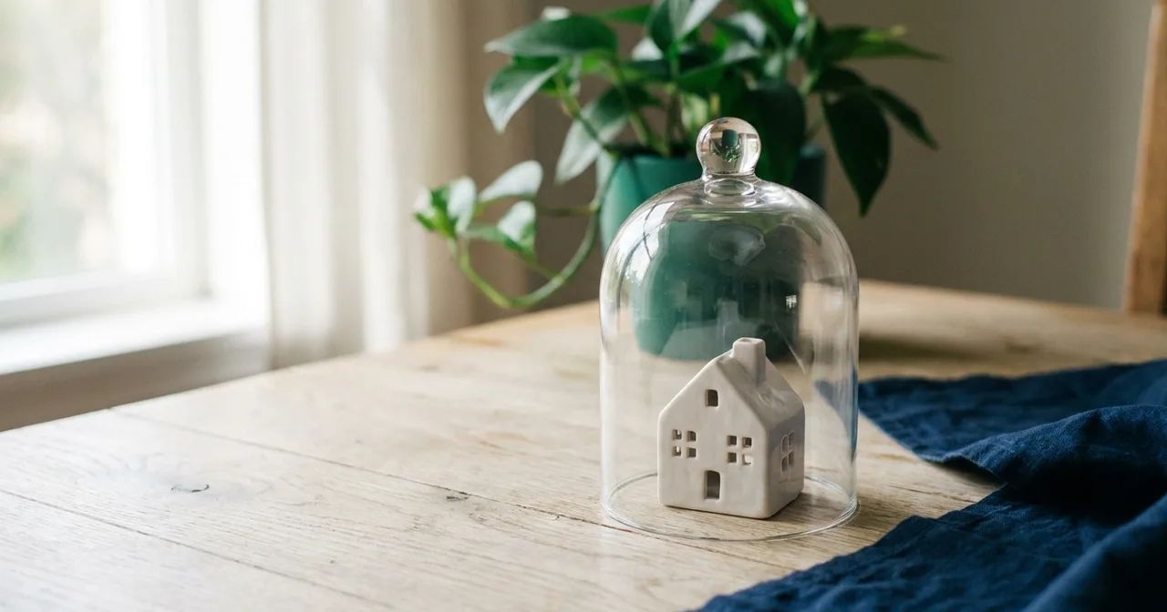 Une petite maison en céramique blanche abritée sous une cloche de verre transparente, posée sur une table en chêne clair, lumière douce du jour, une plante verte à côté.