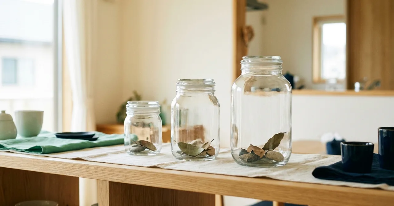 Trois pots en verre de tailles croissantes alignés sur une étagère claire.