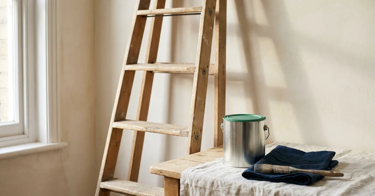 Échelle en bois appuyée contre un mur clair, à côté d'un pot de peinture fermé.