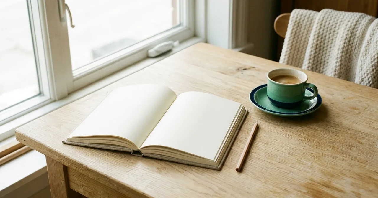 Carnet ouvert aux pages vierges, crayon et tasse de café sur une table en bois clair près d'une fenêtre.