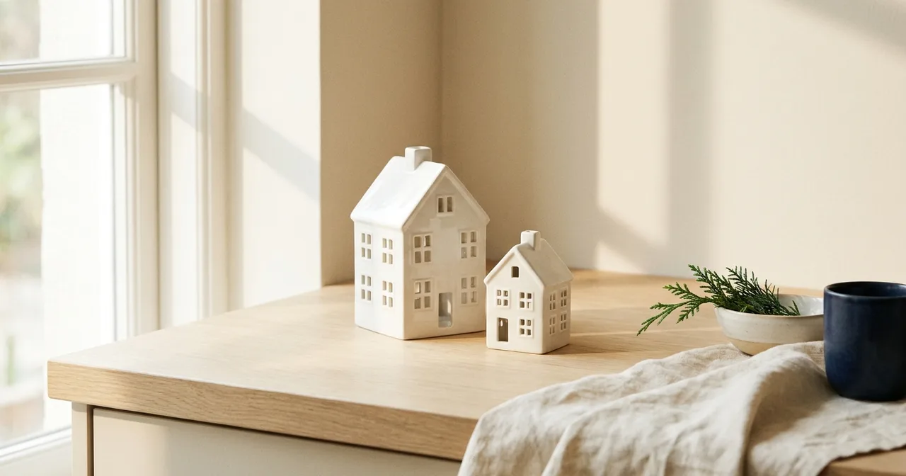 Deux petites maisons en céramique de tailles différentes posées sur un plan de travail en chêne clair.