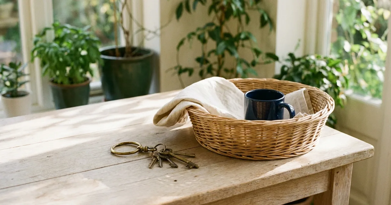 Table de jardin en bois clair avec un trousseau de clés et un panier en osier, lumière de fin d'après-midi.