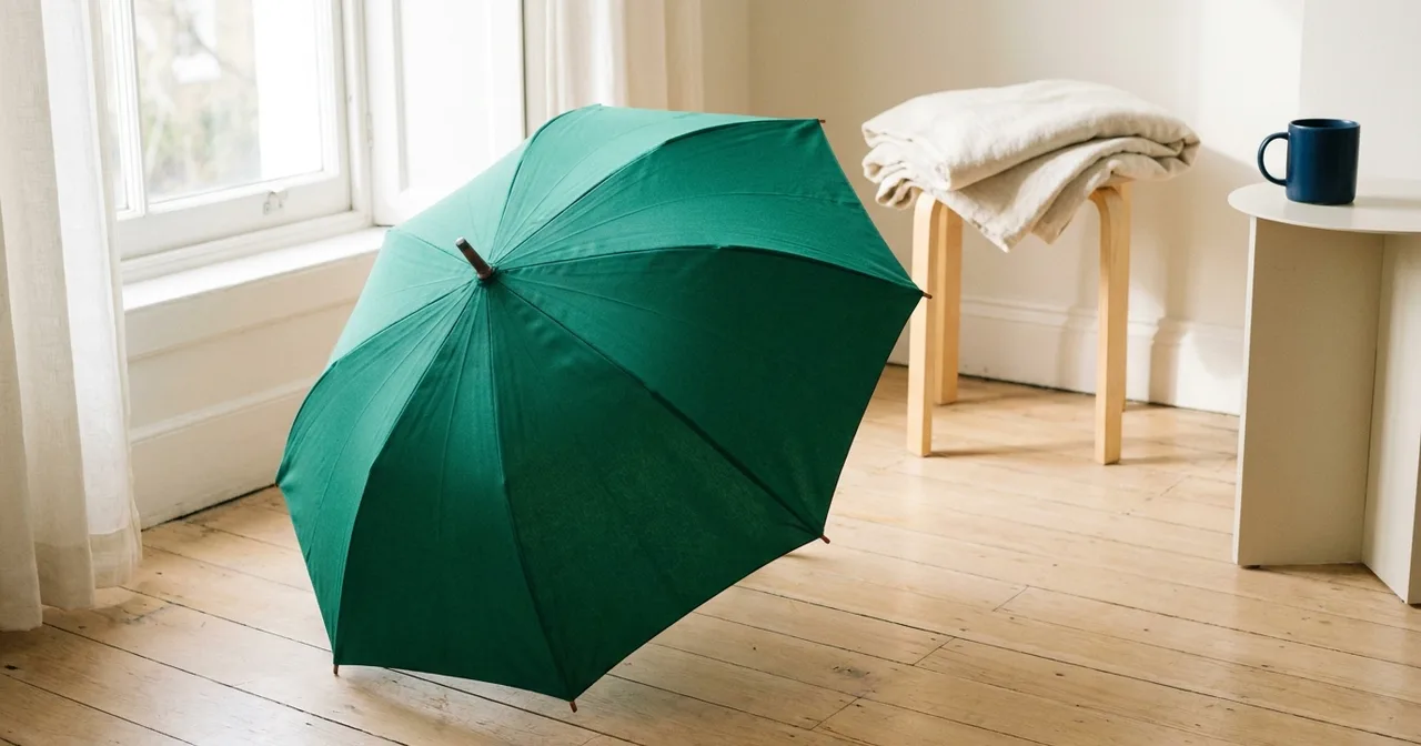 Parapluie ouvert posé sur une table claire, lumière douce.
