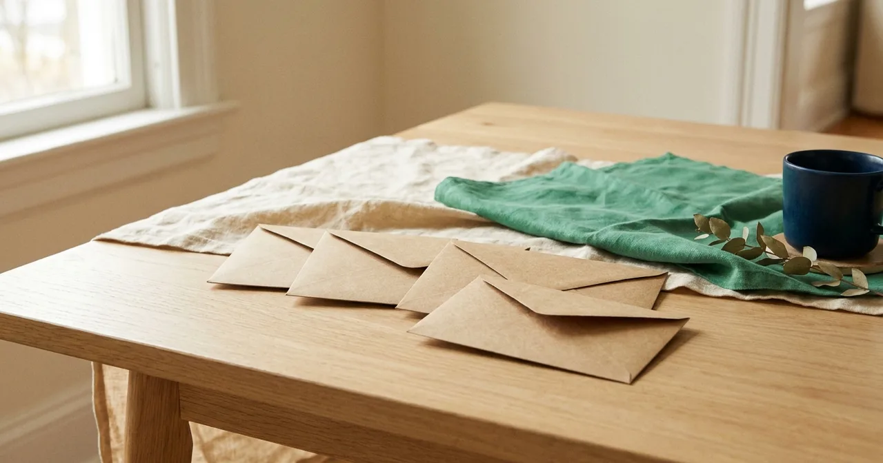 Quatre enveloppes kraft alignées sur une table claire, l'une légèrement en avant.