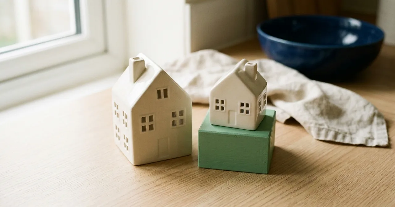 Deux maisons miniatures de tailles différentes alignées sur un plan de travail clair.