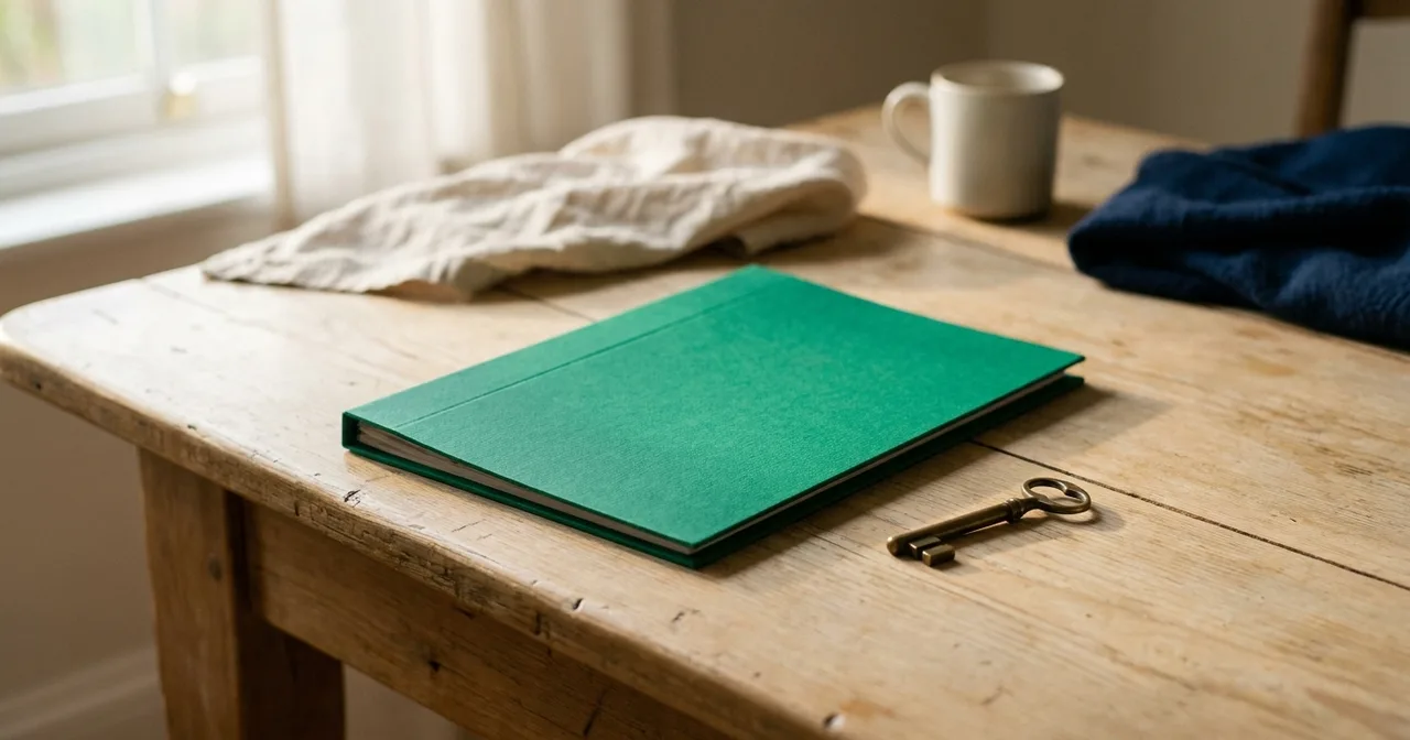 Dossier cartonné vert et clé en laiton sur une table en bois clair.