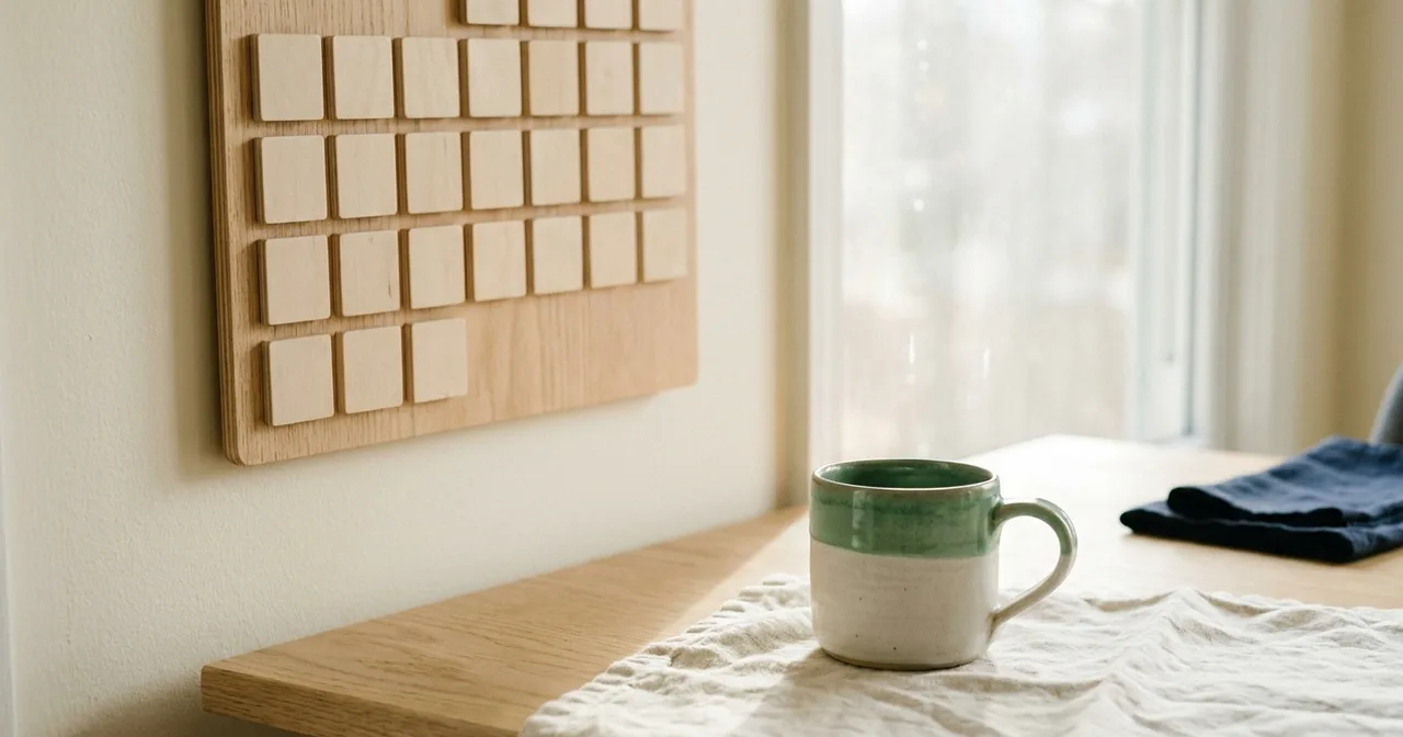 Calendrier mural en bois clair sans chiffres visibles, à côté d'une tasse en grès, lumière de fenêtre.