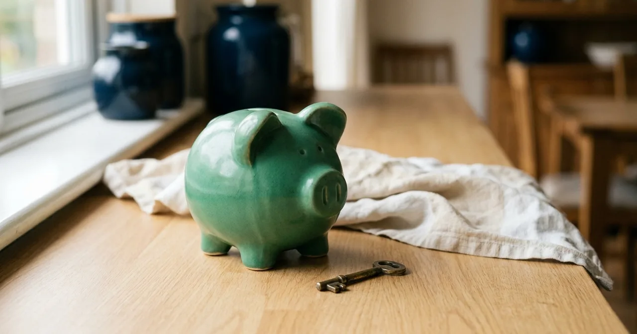Tirelire en céramique verte et petite clé en laiton sur un plan de travail en bois clair.