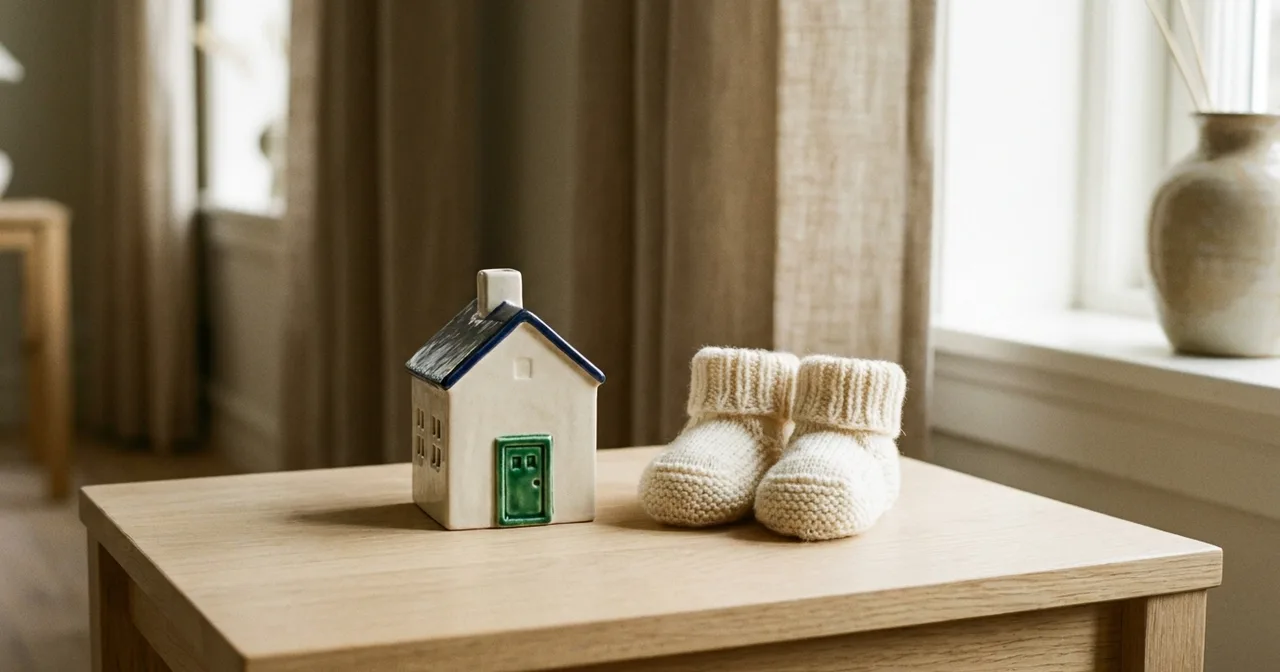 Petite maison en céramique blanche et paire de chaussons de bébé en laine posées sur une table en chêne clair.