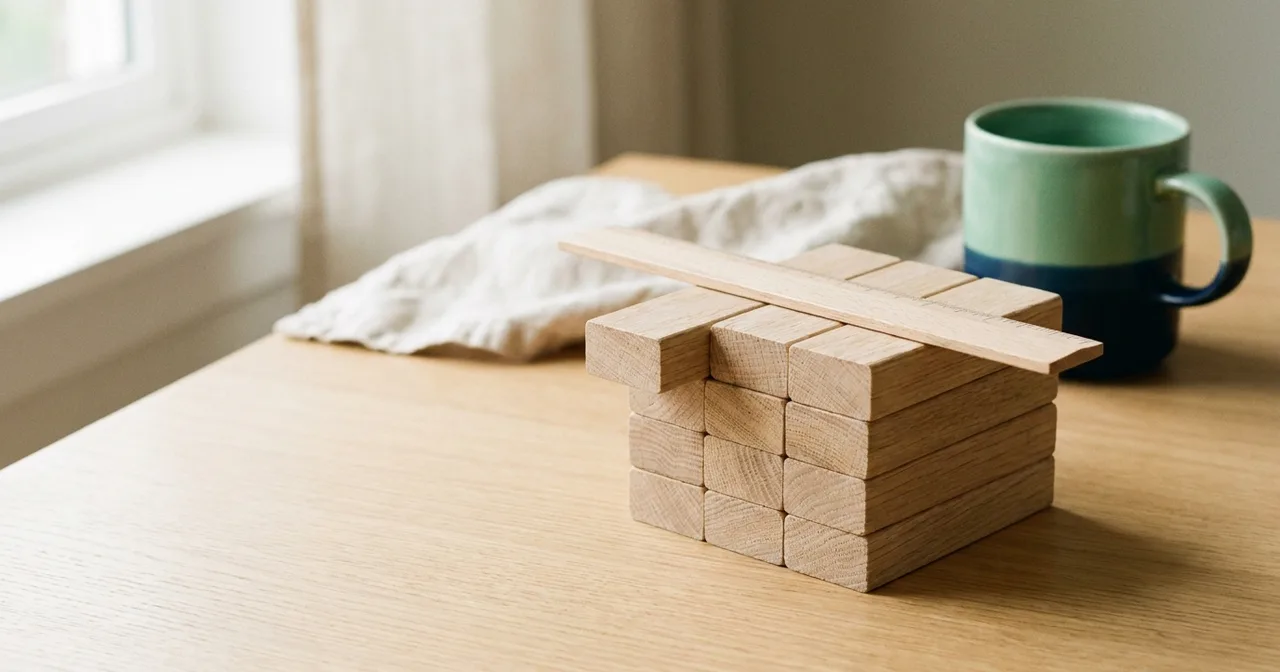 Empilement de petits blocs de bois clair, le dernier dépassant légèrement d'une règle posée au-dessus.