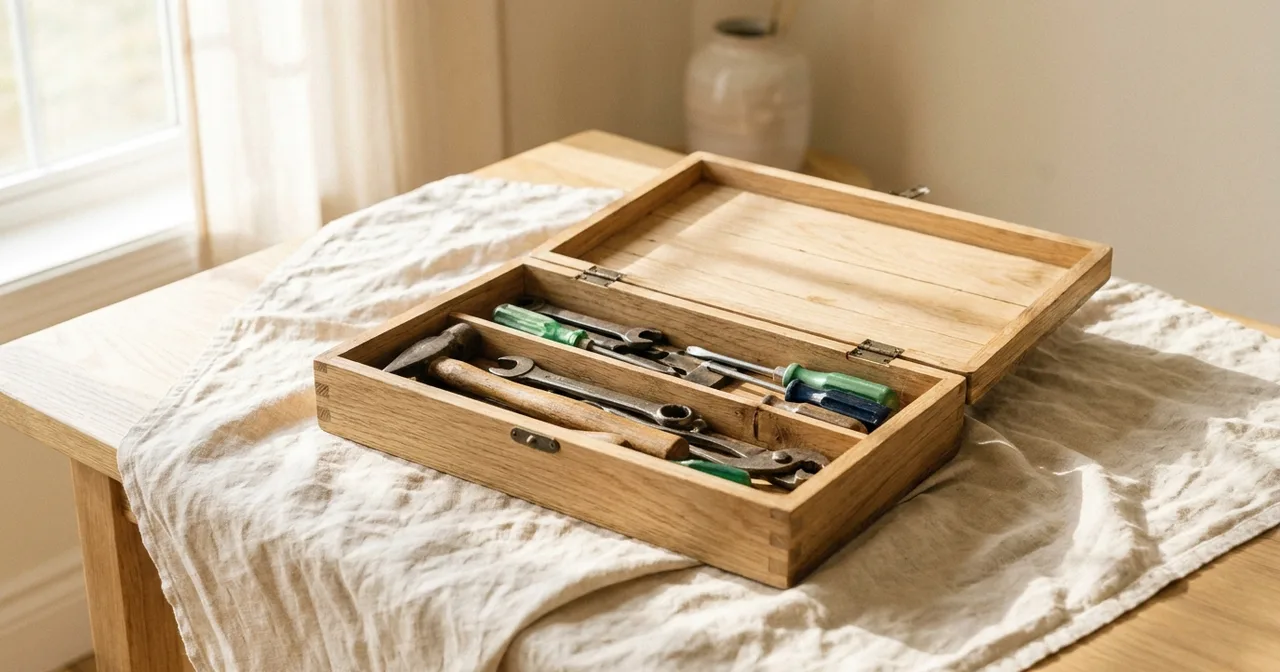 Boîte à outils ouverte sur une table claire, outils bien rangés.