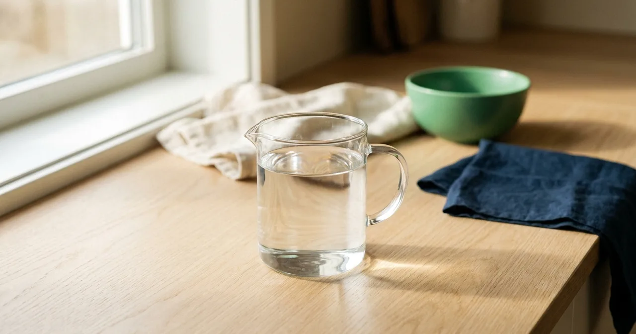 Verre doseur en verre rempli presque à ras bord, posé sur un plan de travail clair.