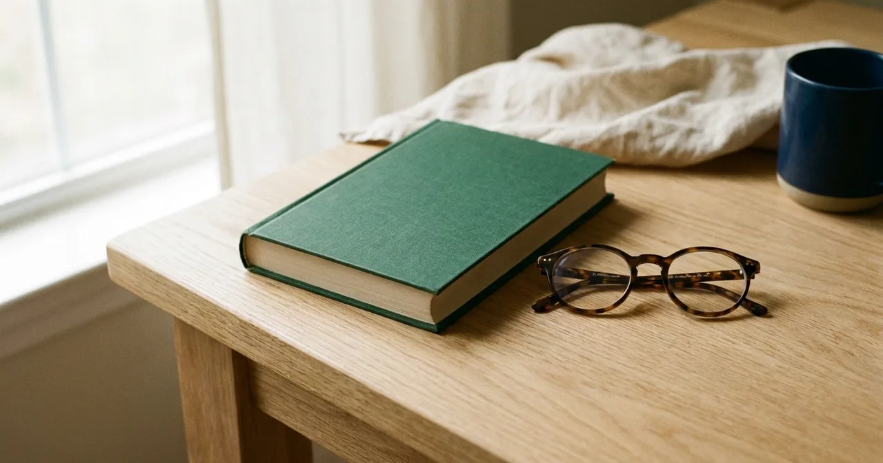 Livre relié fermé posé sur une table claire, à côté d'une paire de lunettes.