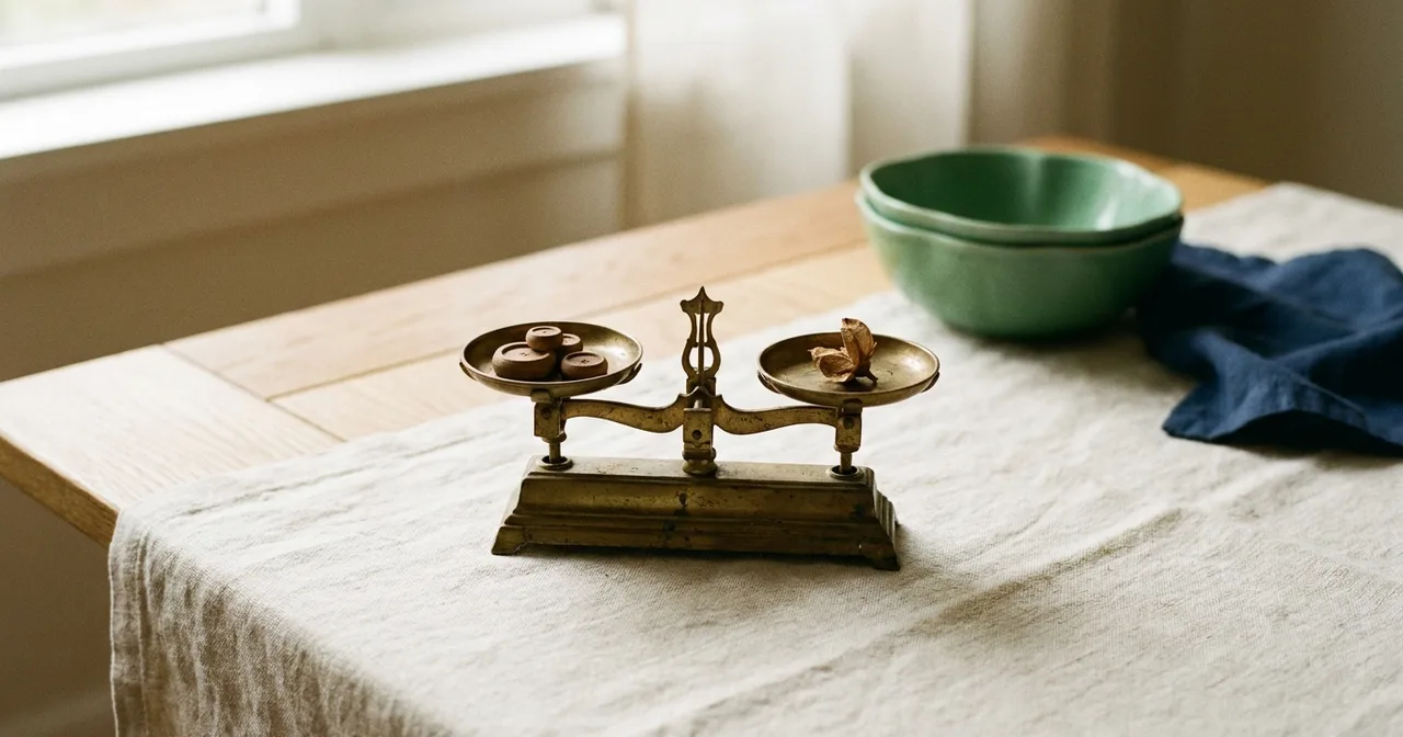 Vieille balance à plateaux en laiton, en équilibre, sur un fond neutre clair.