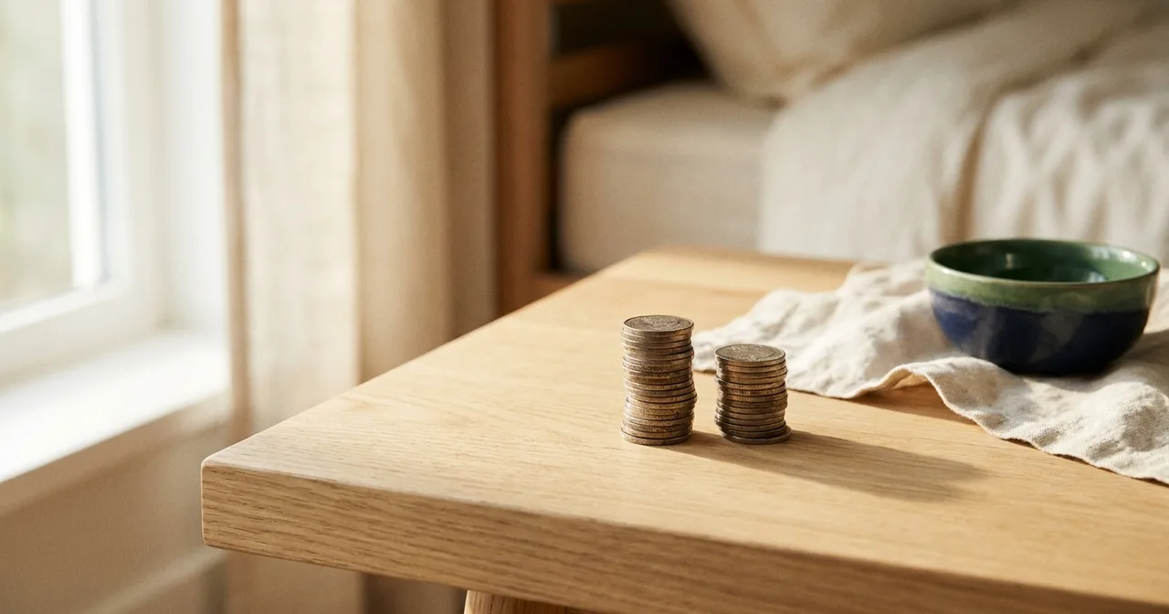Deux piles de pièces de monnaie de hauteurs différentes sur un plan clair.